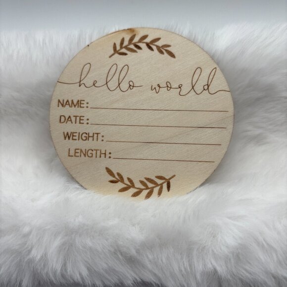 Newborn Baby "Hello World" Birth Announcement Sign Wooden Disc 4inch (SKU: 23IN) - Picture 1 of 3